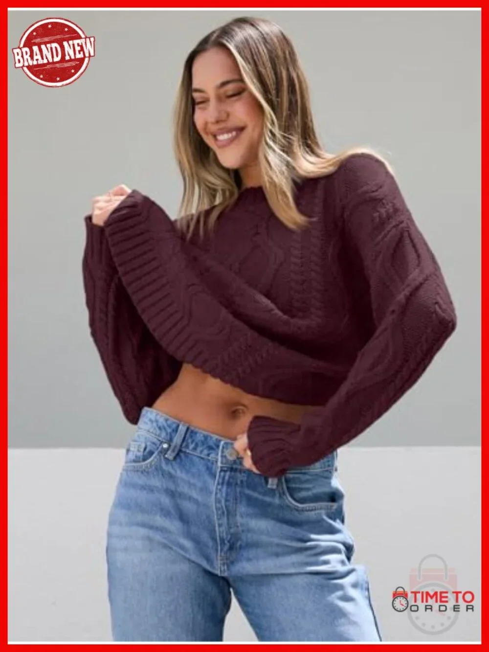 Oversized Cable Knit Crewneck Sweater - Cotton Blend
